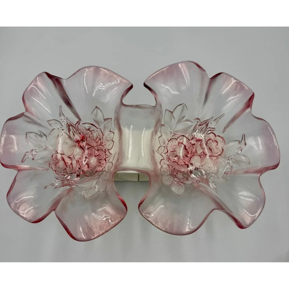 Mikasa Rosella Double Heart Relish Dish Pink Frosted Floral Glass Candy Bowl